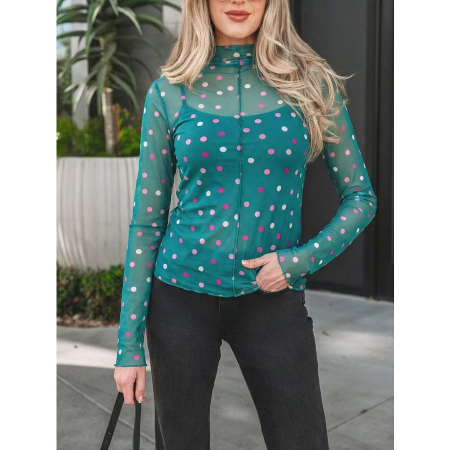 Polka Dot Patterned Bodycon Mock Neck Mesh Long Sleeve Top Apparel and Accessories