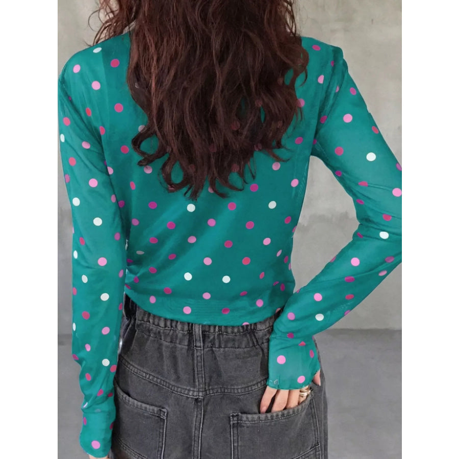 Polka Dot Patterned Bodycon Mock Neck Mesh Long Sleeve Top Apparel and Accessories