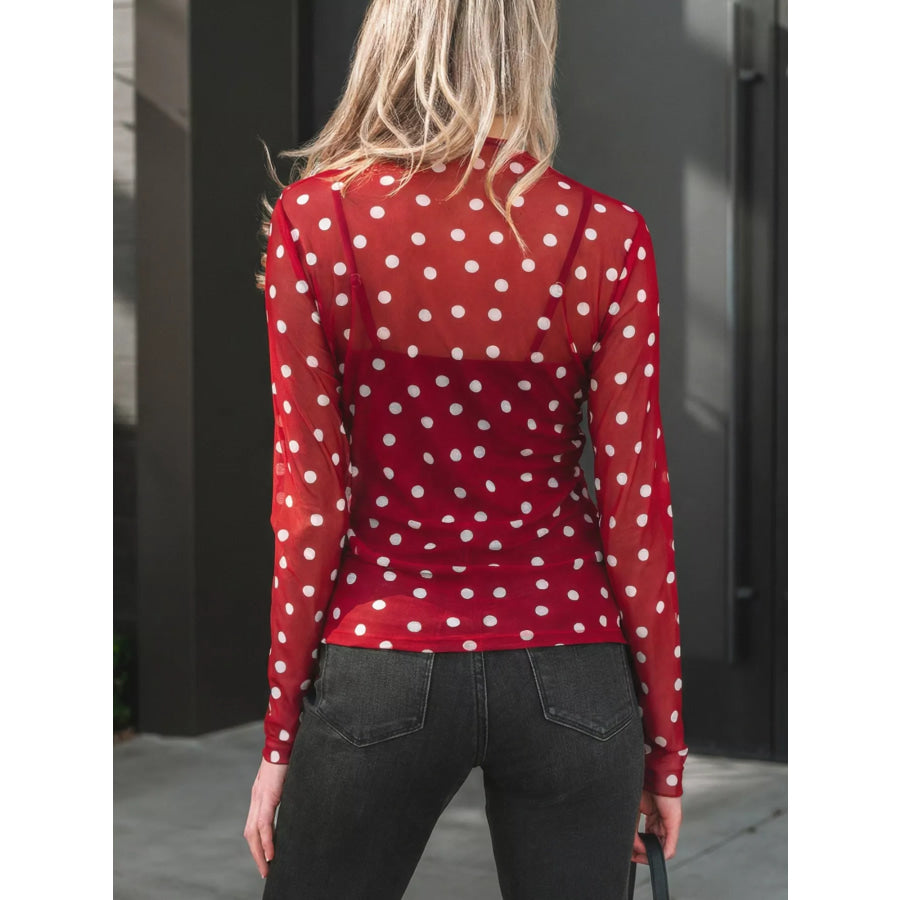 Polka Dot Patterned Bodycon Mock Neck Mesh Long Sleeve Top Apparel and Accessories