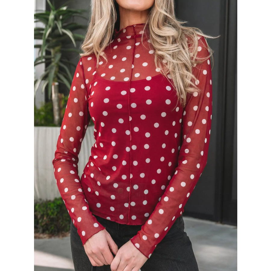 Polka Dot Patterned Bodycon Mock Neck Mesh Long Sleeve Top Deep Rose / S Apparel and Accessories