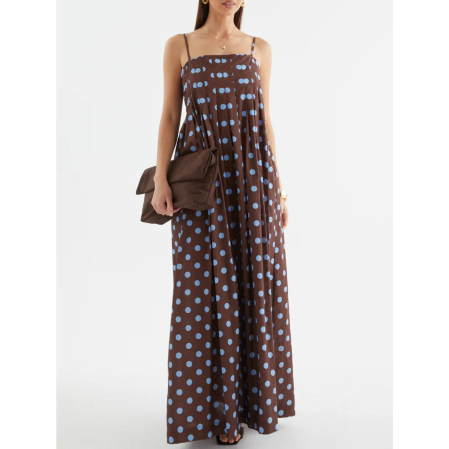 Polka Dot Pleated Detail Maxi Dress Brown / S Apparel and Accessories