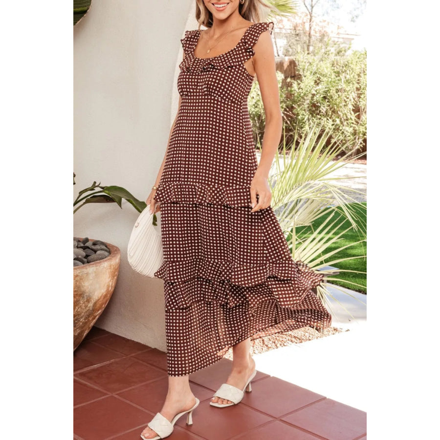 Polka Dot Print Backless Ruffled Tiered Maxi Dress Caramel / M Apparel and Accessories