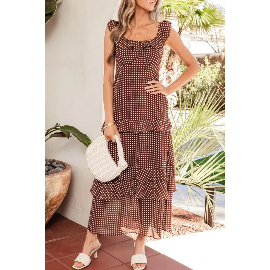 Polka Dot Print Backless Ruffled Tiered Maxi Dress Apparel and Accessories