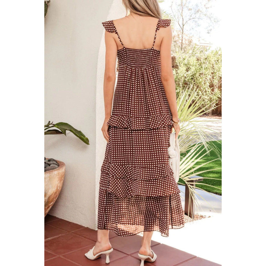 Polka Dot Print Backless Ruffled Tiered Maxi Dress Apparel and Accessories