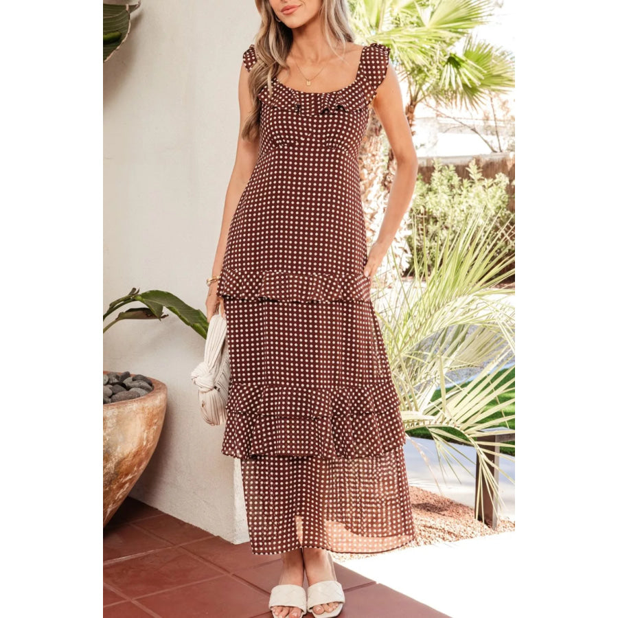 Polka Dot Print Backless Ruffled Tiered Maxi Dress Apparel and Accessories