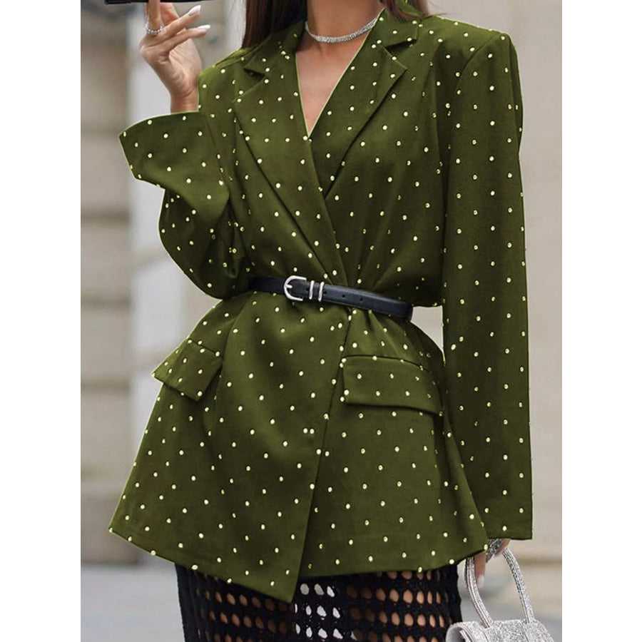 Polka Dot Print Belted Blazer Green / S Apparel and Accessories