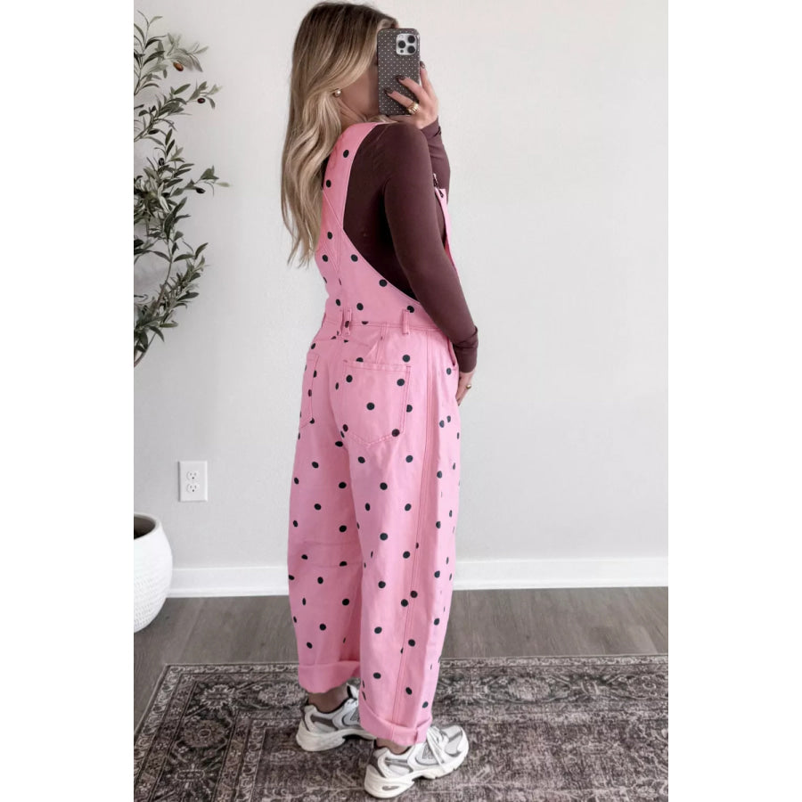 Polka Dot Print Bib Pocket Denim Barrel Overalls Apparel and Accessories