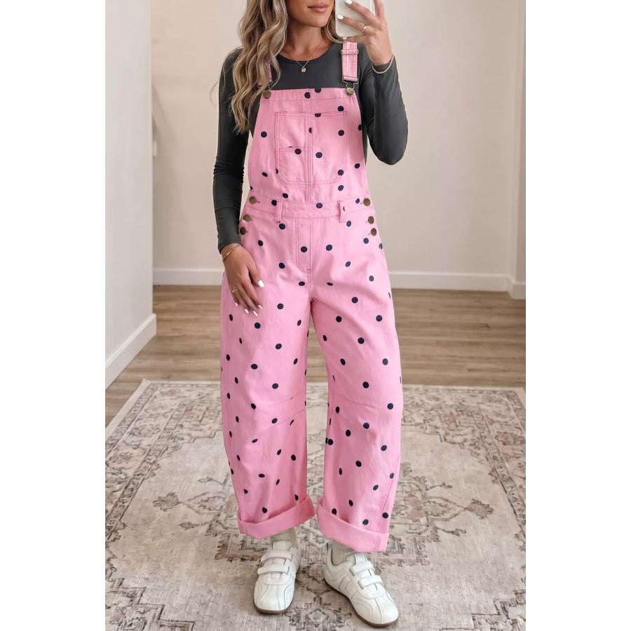 Polka Dot Print Bib Pocket Denim Barrel Overalls Apparel and Accessories