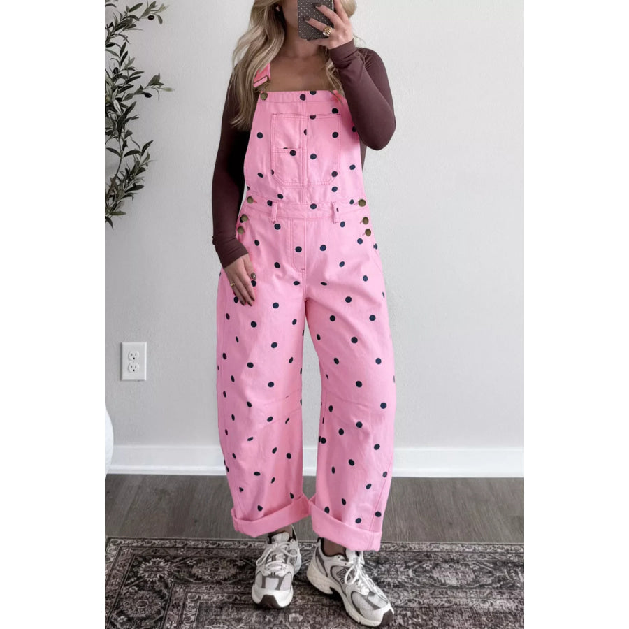 Polka Dot Print Bib Pocket Denim Barrel Overalls Apparel and Accessories