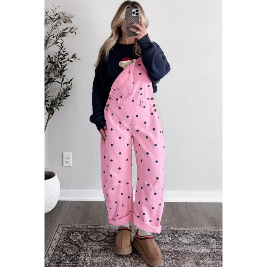 Polka Dot Print Bib Pocket Denim Barrel Overalls Dusty Pink / S Apparel and Accessories