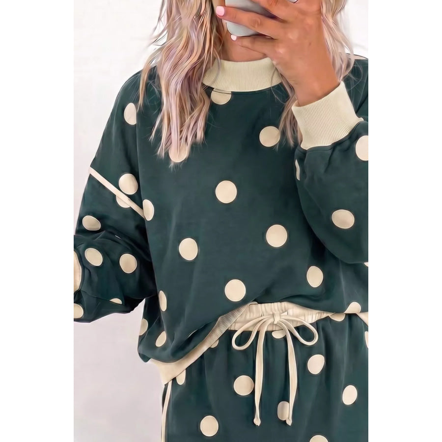 Polka Dot Print Color Block Trim Baggy Pullover Drawstring Skirt 2pcs Set Apparel and Accessories