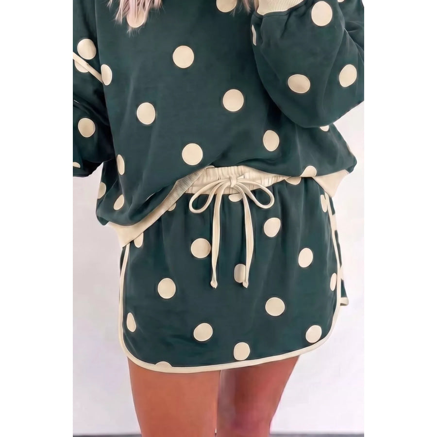 Polka Dot Print Color Block Trim Baggy Pullover Drawstring Skirt 2pcs Set Dark Green / S Apparel and Accessories