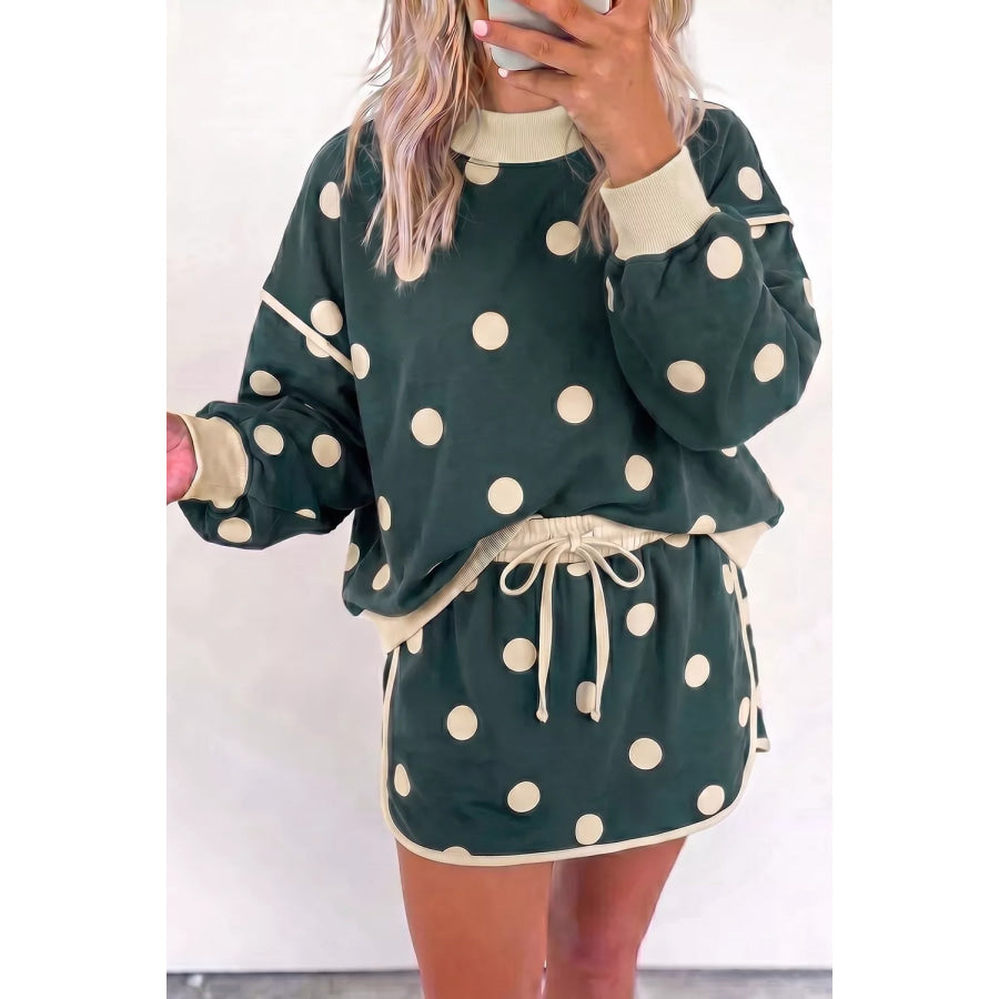 Polka Dot Print Color Block Trim Baggy Pullover Drawstring Skirt 2pcs Set Dark Green / S Apparel and Accessories