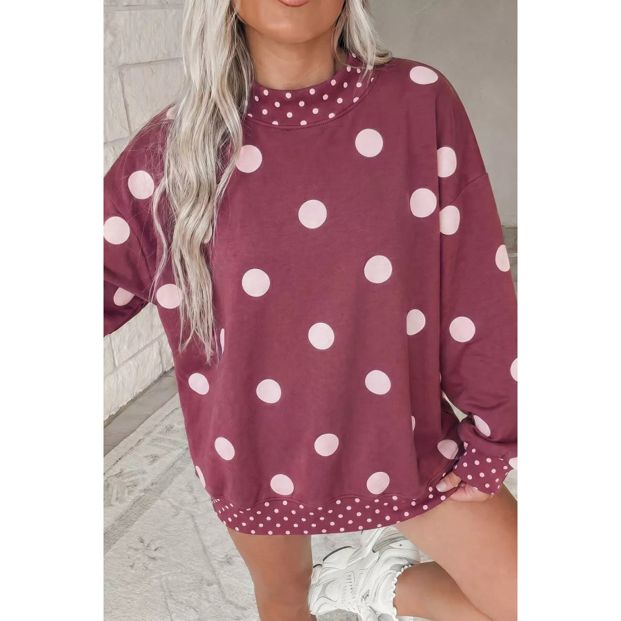 Polka Dot Print Contrast Detail Oversized Tunic Sweatshirt Cerise / S Apparel and Accessories