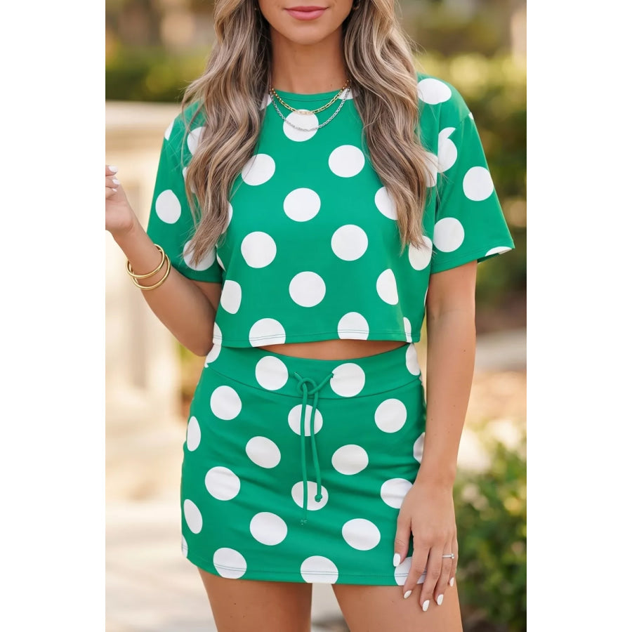 Polka Dot Print Cropped Tee Bodycon Skort 2pcs Set Apparel and Accessories