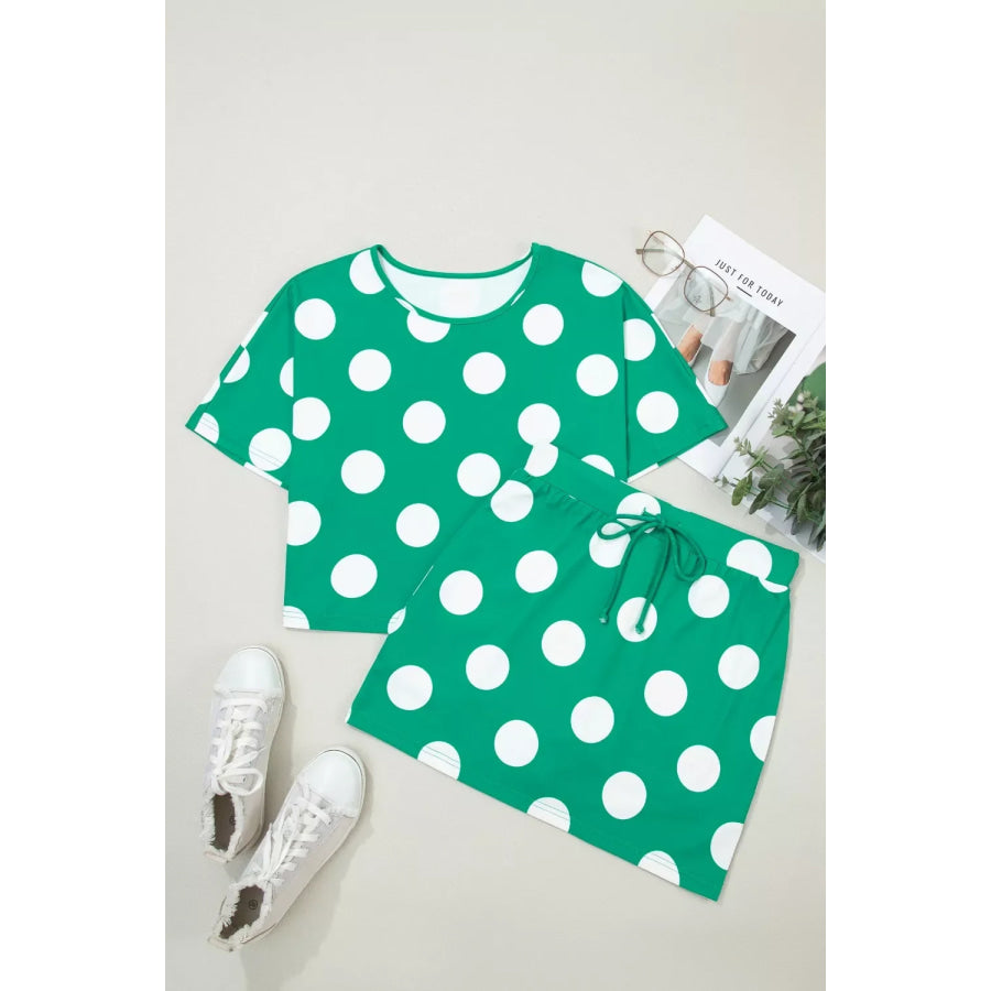 Polka Dot Print Cropped Tee Bodycon Skort 2pcs Set Apparel and Accessories
