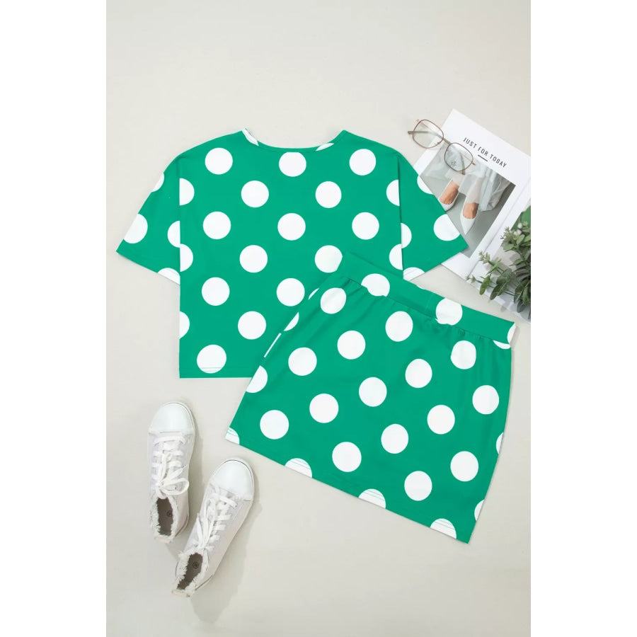 Polka Dot Print Cropped Tee Bodycon Skort 2pcs Set Apparel and Accessories