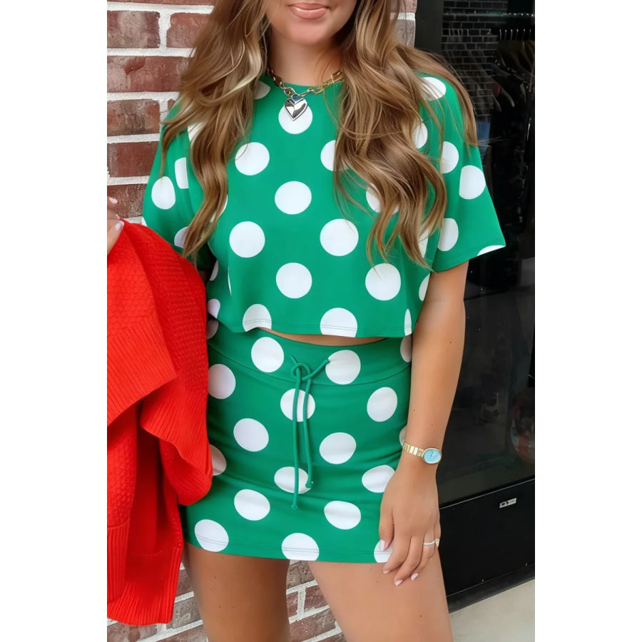 Polka Dot Print Cropped Tee Bodycon Skort 2pcs Set Green / S Apparel and Accessories