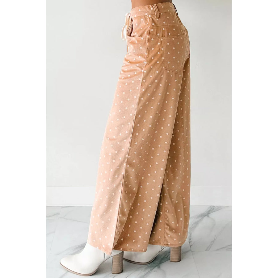 Polka Dot Print Drawstring Wide Leg Pants Apparel and Accessories