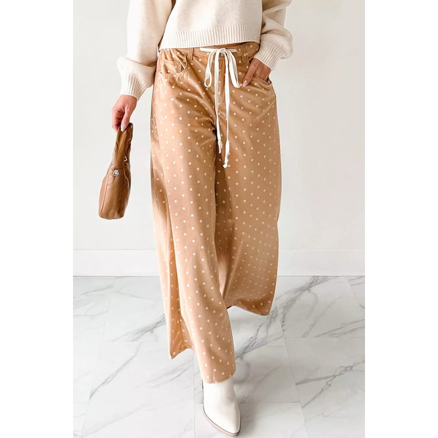 Polka Dot Print Drawstring Wide Leg Pants Apparel and Accessories