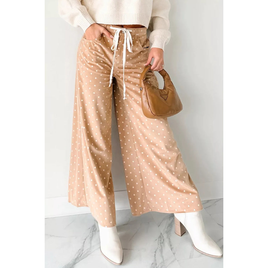 Polka Dot Print Drawstring Wide Leg Pants Tan / S Apparel and Accessories