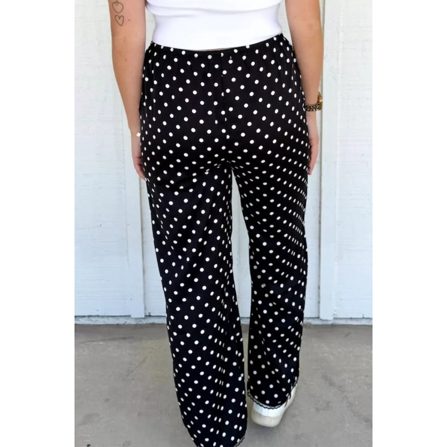 Polka Dot Print Elastic Waist Lace Hem Loose Pants Apparel and Accessories
