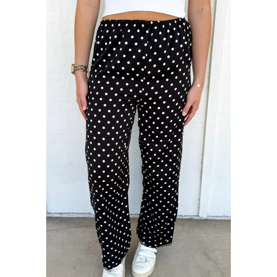 Polka Dot Print Elastic Waist Lace Hem Loose Pants Apparel and Accessories