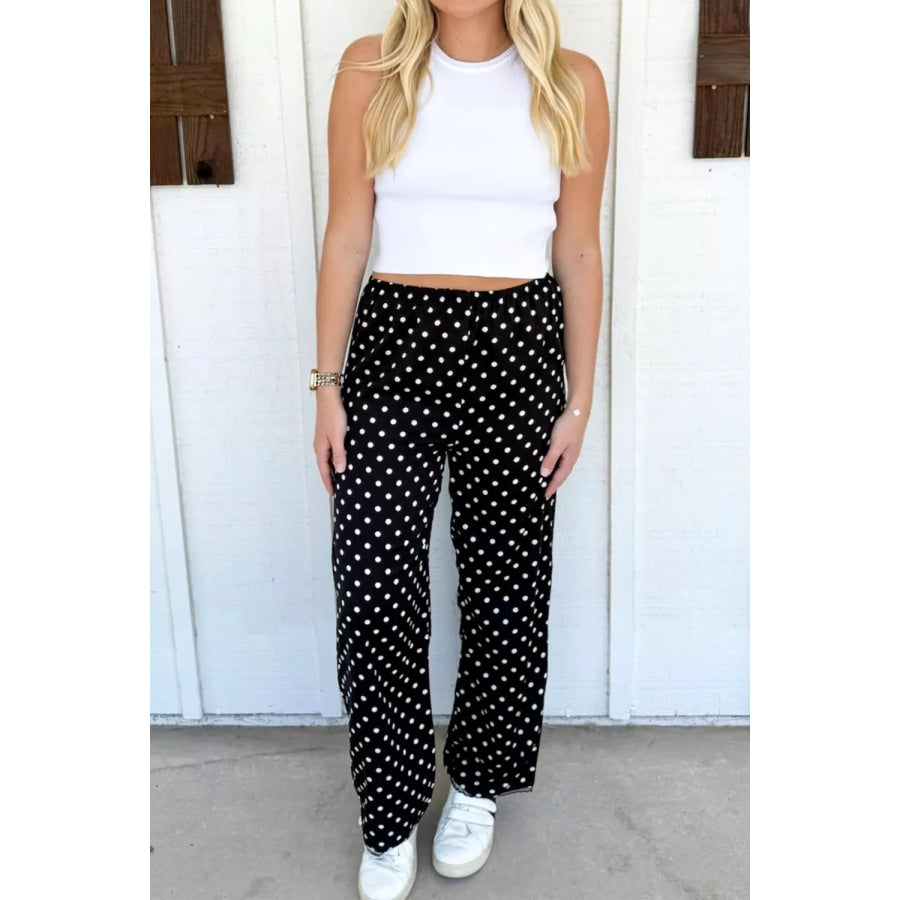 Polka Dot Print Elastic Waist Lace Hem Loose Pants Black / S Apparel and Accessories