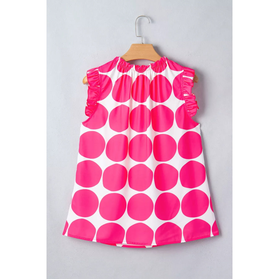 Polka Dot Print Frilled Round Neck Shift Tank Top Apparel and Accessories