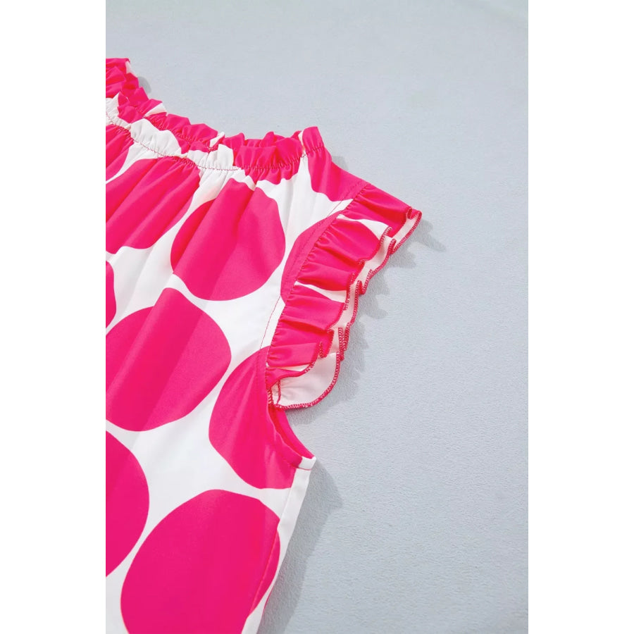 Polka Dot Print Frilled Round Neck Shift Tank Top Apparel and Accessories
