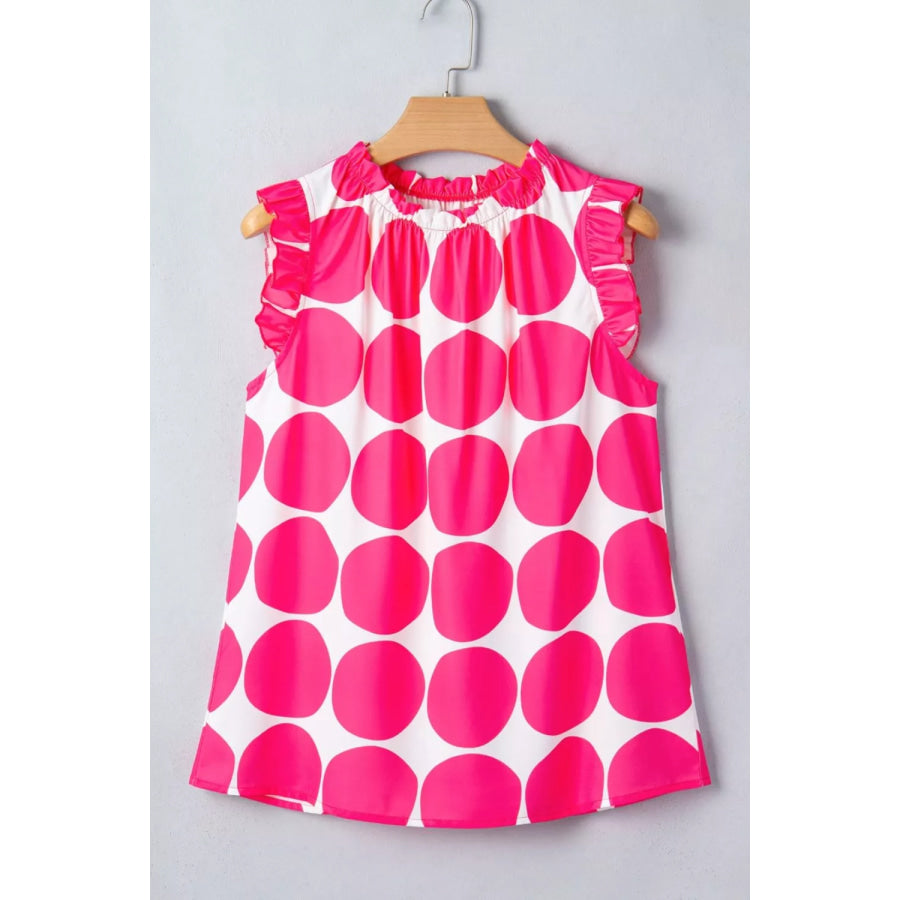 Polka Dot Print Frilled Round Neck Shift Tank Top Apparel and Accessories