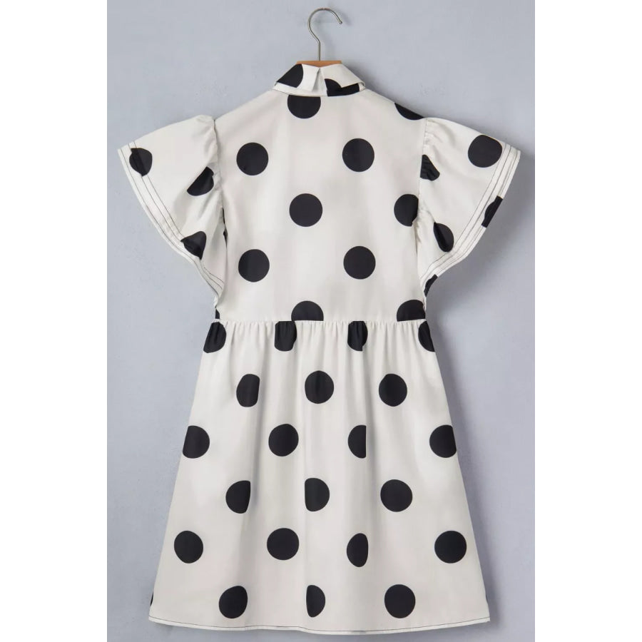 Polka Dot Print Half Button Ruffled Short Sleeve Loose Mini Dress Apparel and Accessories