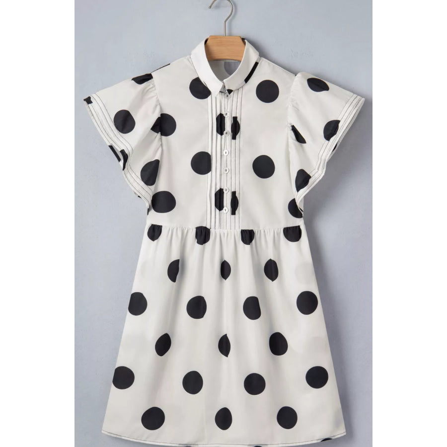Polka Dot Print Half Button Ruffled Short Sleeve Loose Mini Dress Apparel and Accessories