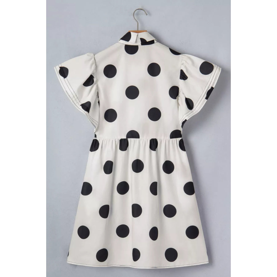 Polka Dot Print Half Button Ruffled Short Sleeve Loose Mini Dress Apparel and Accessories