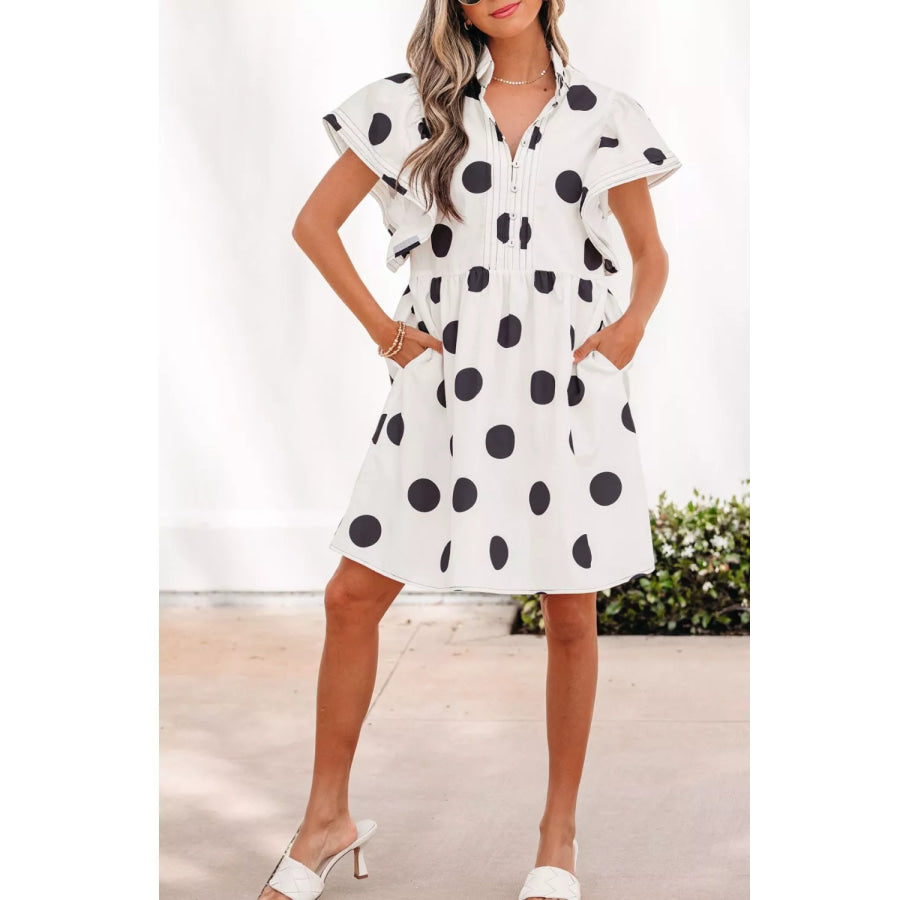 Polka Dot Print Half Button Ruffled Short Sleeve Loose Mini Dress Apparel and Accessories