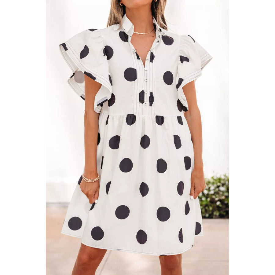 Polka Dot Print Half Button Ruffled Short Sleeve Loose Mini Dress White / M Apparel and Accessories