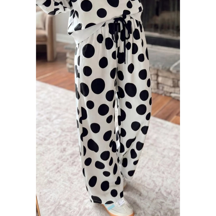 Polka Dot Print Long Sleeve Top and Wide Leg Pants Set Apparel Accessories