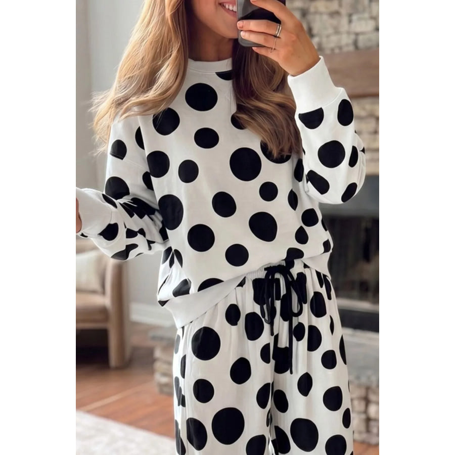 Polka Dot Print Long Sleeve Top and Wide Leg Pants Set / S Apparel Accessories