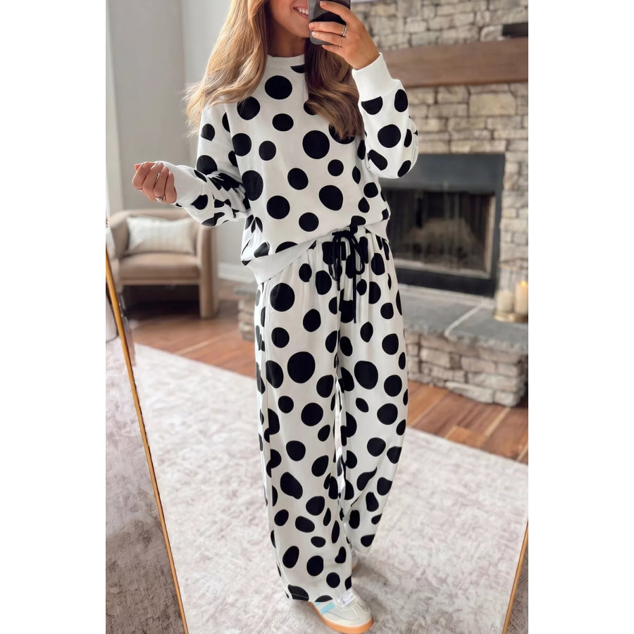 Polka Dot Print Long Sleeve Top and Wide Leg Pants Set / S Apparel Accessories