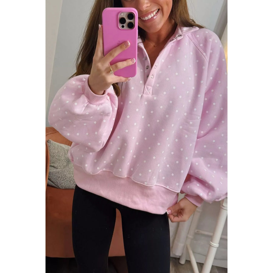 Polka Dot Print Metal Button Collar Casual Pullover Sweatshirt Apparel and Accessories