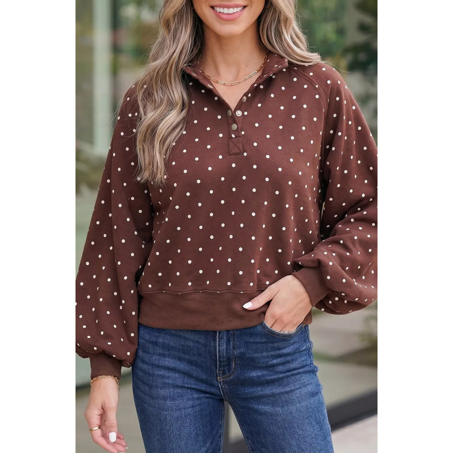 Polka Dot Print Metal Button Collar Casual Pullover Sweatshirt Apparel and Accessories