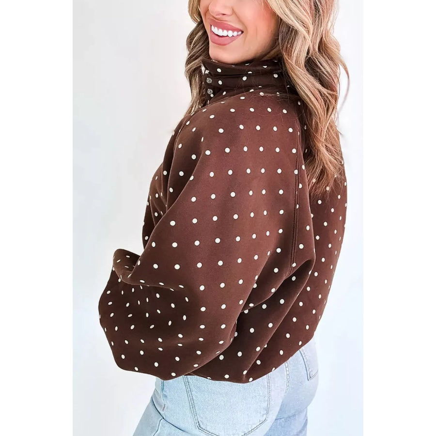 Polka Dot Print Metal Button Collar Casual Pullover Sweatshirt Apparel and Accessories