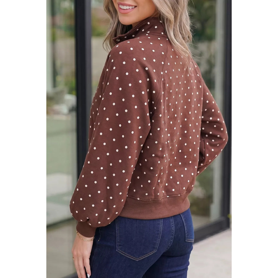 Polka Dot Print Metal Button Collar Casual Pullover Sweatshirt Apparel and Accessories