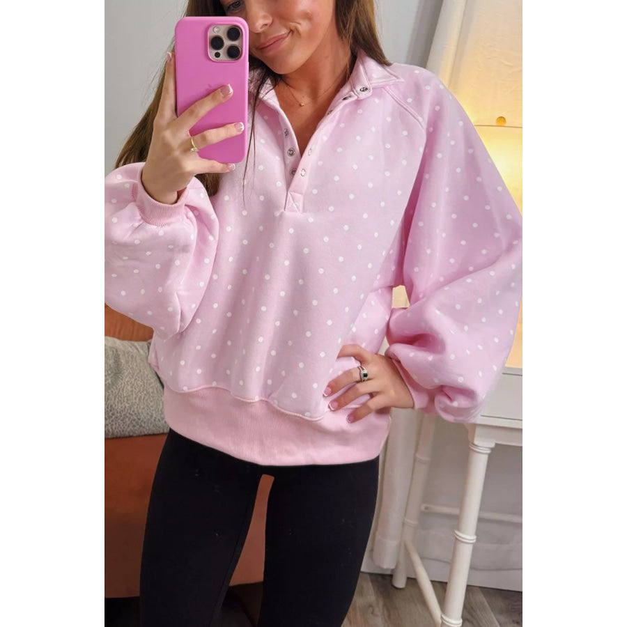 Polka Dot Print Metal Button Collar Casual Pullover Sweatshirt Blush Pink / M Apparel and Accessories