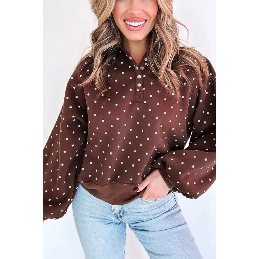 Polka Dot Print Metal Button Collar Casual Pullover Sweatshirt Brown / M Apparel and Accessories