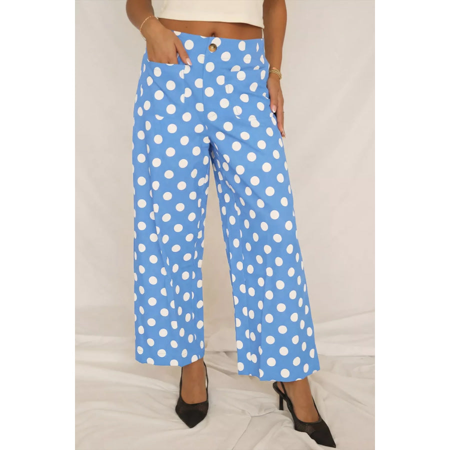 Polka Dot Print Patched Pocket Mid-rise Straight Leg Pants Apparel and Accessories