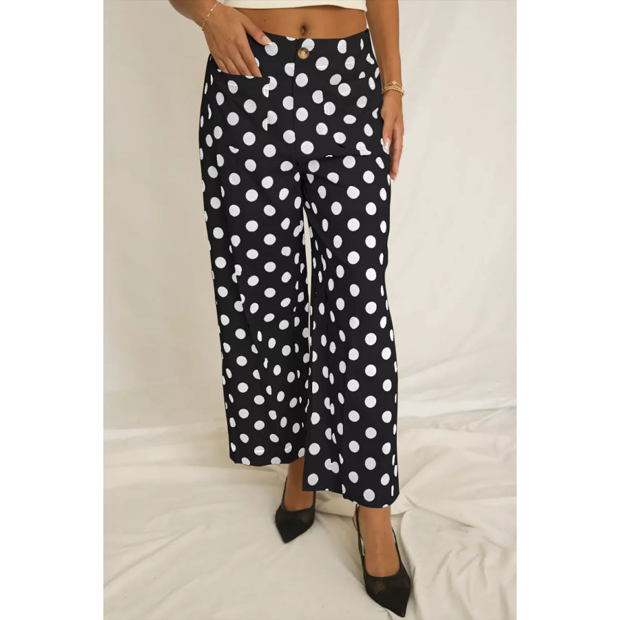 Polka Dot Print Patched Pocket Mid-rise Straight Leg Pants Apparel and Accessories