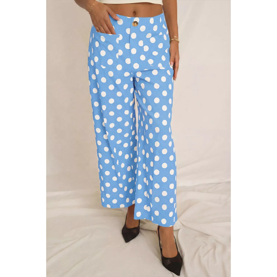 Polka Dot Print Patched Pocket Mid-rise Straight Leg Pants Apparel and Accessories