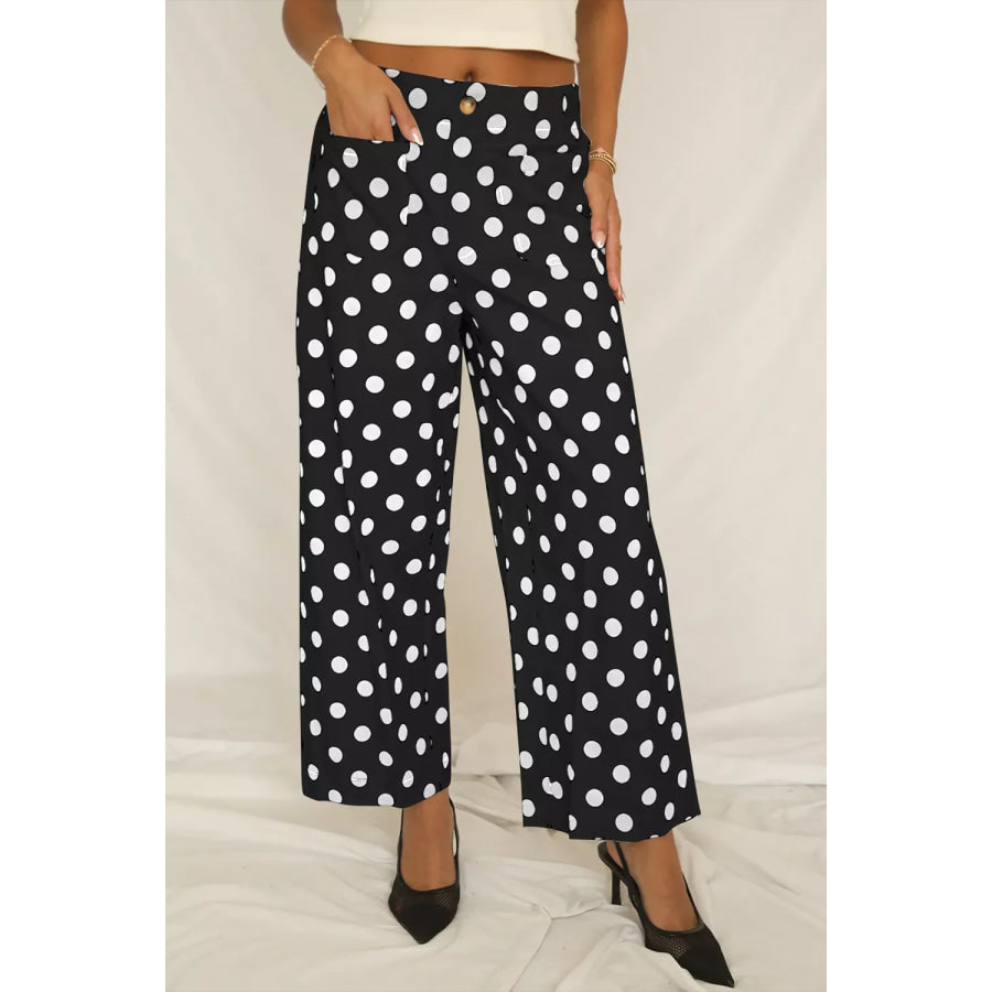 Polka Dot Print Patched Pocket Mid-rise Straight Leg Pants Black / S Apparel and Accessories