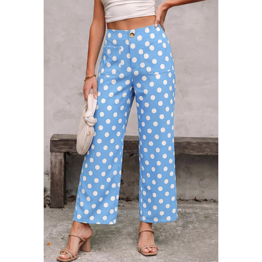 Polka Dot Print Patched Pocket Mid-rise Straight Leg Pants Light Blue / S Apparel and Accessories